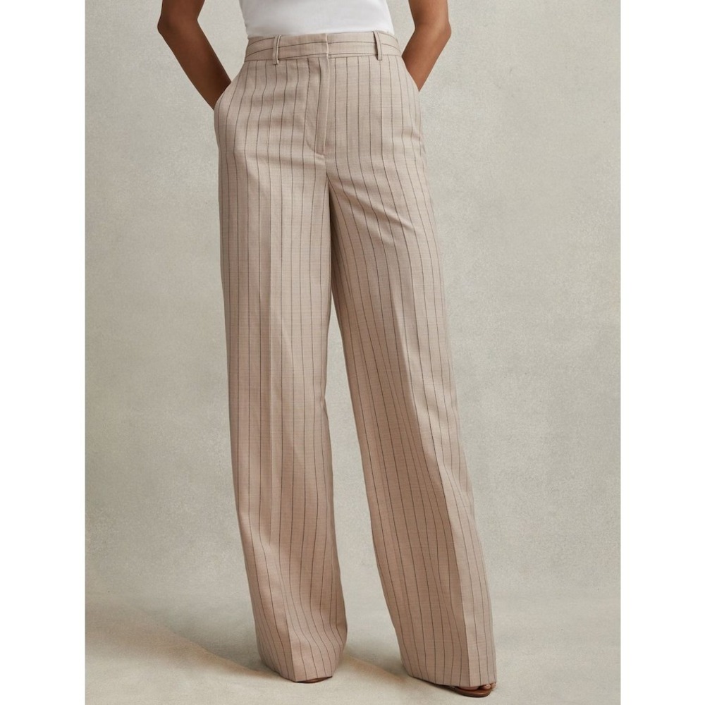 REISS Wool Linen Blend Striped Wide Leg Trouser Pants in Neutral Size 14